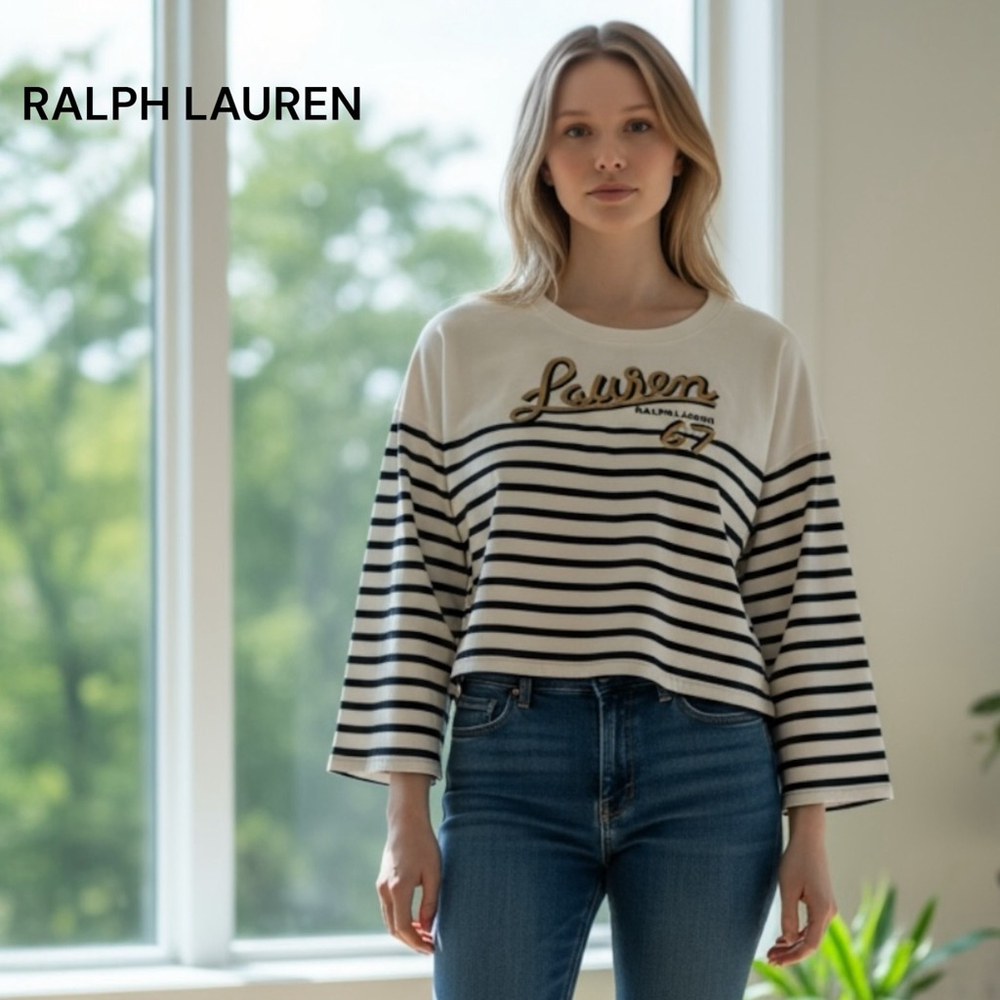 Lauren Ralph Lauren White & Blue Cropped Sweatshirt PM/M